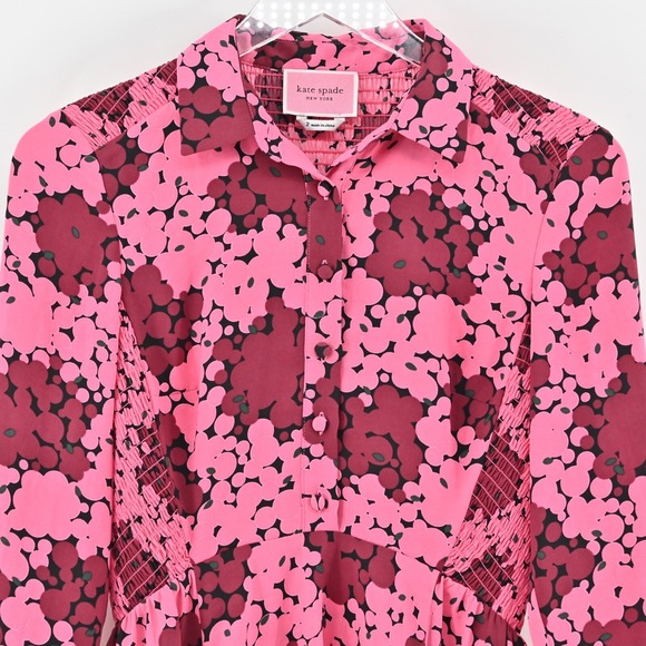 KATE SPADE Bubble Dot Smocked Shirt Dress Size 2 Pink Long Sleeve Retro Preppy - Picture 8 of 13
